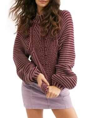 FREE PEOPLE Small Sweetheart Rib Chunky Mock Neck Sweater Garnet Grotto Autumn